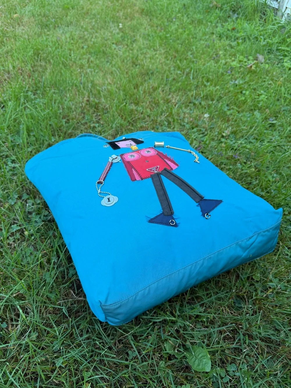 Vintage Prada Robot Blue Tessuto Appliqué Tote Bag Shopper